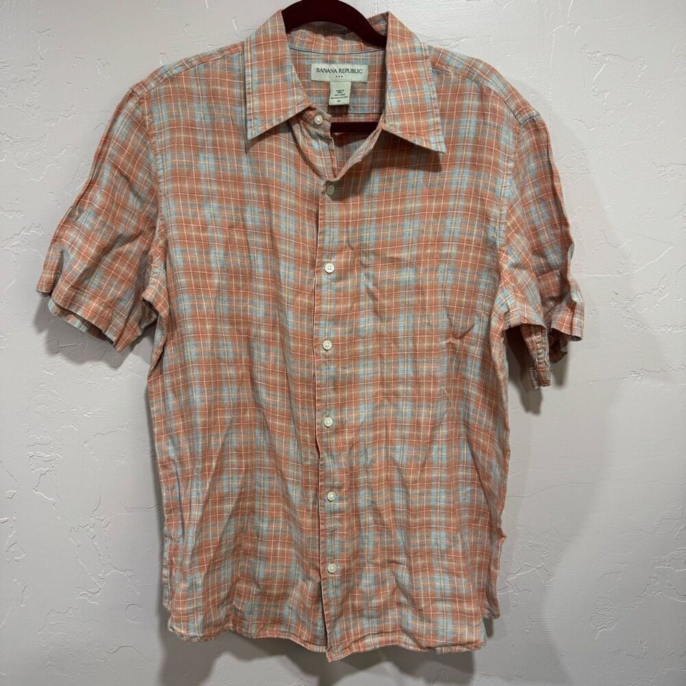 Banana Republic Linen Button Up Shirt Mens Orange & Blue Check Casual